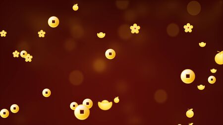 Happy Chinese New Year.Digital particles background with chinese ornament, cherry blossom flowers. Chinese coins , gold ingot for good luck, lucrative and prosperity.の写真素材