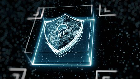 Abstract cyber security concept. Shield With Keyhole icon on digital data background. Illustrates cyber data security or information privacy idea. Blue abstract hi speed internet technology.の写真素材