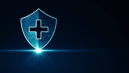 Medical healthcare system protection concept. Futuristic medical health protection shield icon with shining wireframe above multiple on dark blue background.の写真素材