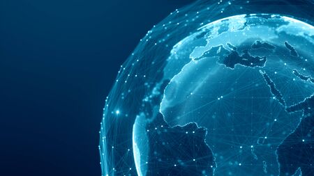 Communication technology global world network concept. Connection lines Around Earth Globe, Motion of digital data flow. Futuristic Technology Theme Background with Light Effect.の写真素材