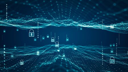 Cyber security concept. padlock icon on digital network data background. Abstract of wireless internet technologies. Database protection and secure transmission of information on big data networks.の写真素材