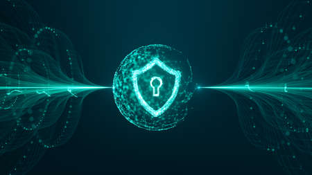 Cyber security concept. Shield With Keyhole icon on digital data background. Illustrates cyber data...
