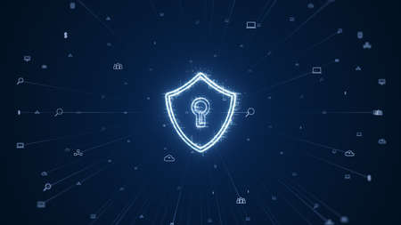 Cybersecurity concept. Padlock With Keyhole icon on digital data background. Illustrates cyber data...