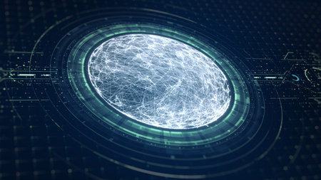 Technology big data concept. Futuristic spherical interface. Motion of digital data flow. Transferring of big data. Transfer and storage of data sets, block chain, server,  hi-speed internet.の写真素材