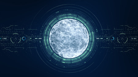 Technology big data concept. Futuristic spherical interface. Motion of digital data flow. Transferring of big data. Transfer and storage of data sets, block chain, server,  hi-speed internet.の写真素材