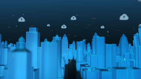Smart city and cloud computing network concept. futuristic city network connection. Flying through buildings with a binary code particles network, big data, Artificial intelligence, Internet of thingsの写真素材