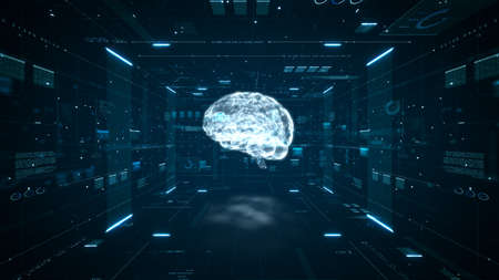 Artificial intelligence brain animation. Digital brain big data deep learning computer machine. Animation big data concept. Big data flow analysis. Artificial intelligence digital brain. 3d render.の写真素材