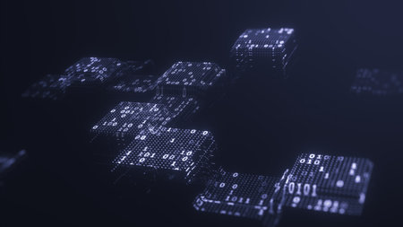 Abstract technology big data concept. Big data binary code futuristic information technology, data flow. Transferring of big data and storage of block chain, server,  hi-speed internet. 3D Rendering.の写真素材