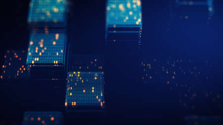 Block chain concept. Big data binary code futuristic information technology, data flow. Transferring of big data.  interconnected blocks of data depicting a cryptocurrency blockchain . 3D Rendering.の写真素材