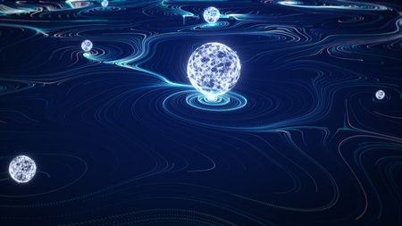Big data concept. Digital data flow. Transferring of big data. Transfer and storage of data sets. Database protection and secure transmission of information on blockchain networks. 3D Rendering.の写真素材