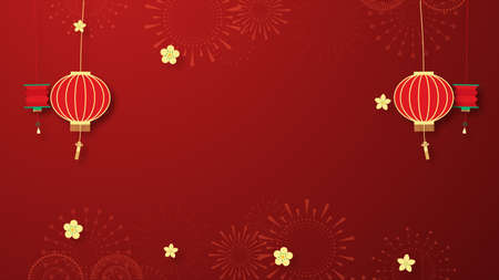 Chinese New Year background featuring Chinese ornamental elements and cherry blossom flowers with fireworks. Concept for holiday banner, Chinese New Year Celebration background decoration.の写真素材