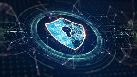 Cyber security concept. Shield With Keyhole icon on digital data background. Illustrates cyber data security or information privacy idea. Blue abstract hi speed internet technology. 3D Rendering.の写真素材