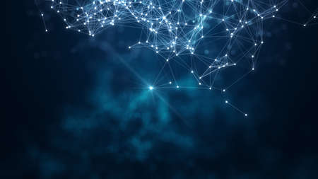 Abstract connected dots and lines on blue background. Communication and technology network concept with moving lines and dots.の写真素材