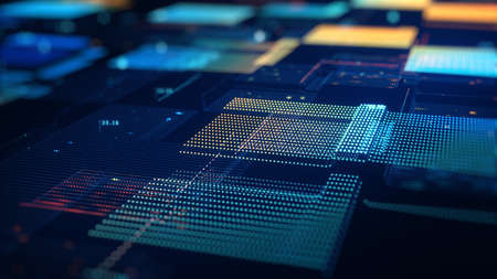 Blockchain concept. Big data binary code futuristic information technology, data flow. Transferring of big data.  interconnected blocks of data depicting a cryptocurrency blockchain. 3D Rendering.の写真素材