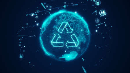 Environmental technology concept. Ecology, recycling, natural environment, and green energy symbols. Renewable energy. Sustainable development goals.の写真素材