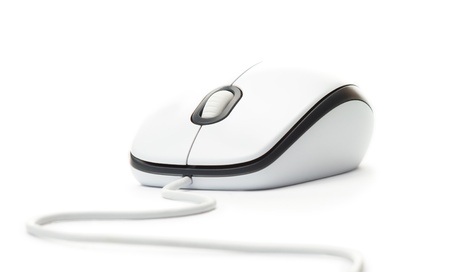 closeup white with black computer mouse isolated on white bacgroundの写真素材