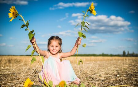 Charming girl in a long sundress sits on a fieldの写真素材
