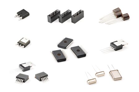 Various electronic components, close-up set on isolated white background