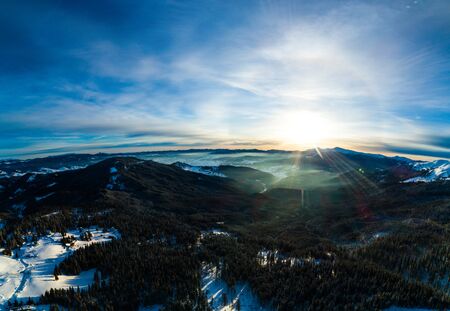 Mystical halo view at the ski slopes of mountain