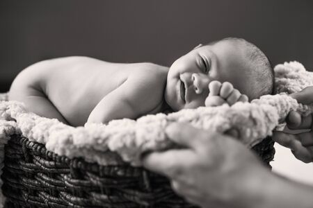 Cute newborn little baby lying on his stomachの写真素材