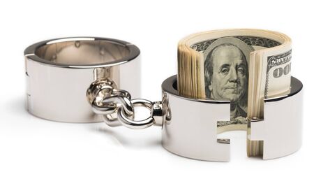 Silver iron chrome handcuffs partially openedの写真素材