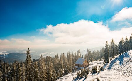Beautiful sunny landscape on a steep ski resort lodge and fir trees on a background of clouds in the highlands. The concept of peace and relaxation in the northern countriesの写真素材