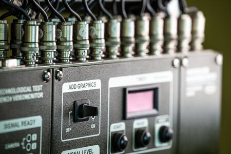 Closeup green panel of television equipment at a telecentre. Motion picture and television production concept. Studio Conceptの写真素材