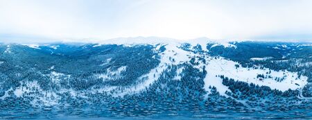 Fabulous snow-covered panorama of spruce trees growing on the mountain slopes in winter in cloudy foggy weather. Winter sports and ski resort conceptの写真素材
