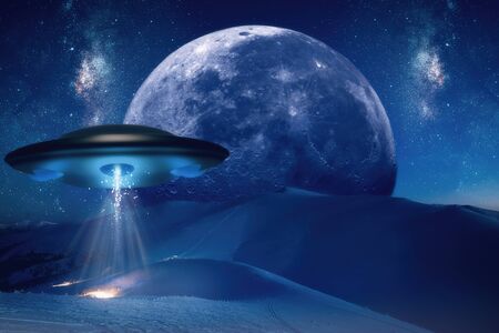 Fantastic night mountain landscape with a alien spacecraft is hovering over the mountains. Huge moon...