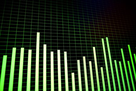 Waveforms and spectograms on computer screen in details. Colorful geomteric game and modern digital technologies conceptの写真素材