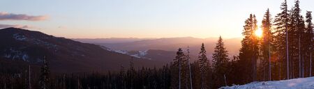 View from above mesmerizing picturesque landscape of mountain ranges covered with dense and snowy fir forests against the setting sun on a clear winter evening. Northern Nature Beauty Conceptの写真素材