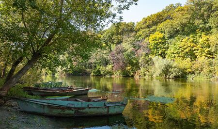 Beautiful Scenic panorama of a boat standing by a quiet river against a background of densely growing and green trees on a sunny warm summer day. The concept of tourism and leisure quiet countrysideの写真素材