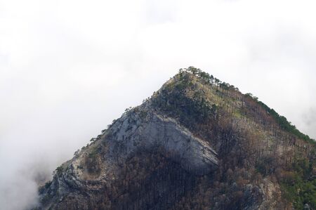 Beautiful landscape in Crimea, view from top of Ai-Petri mountain, forest valley and white clouds in...