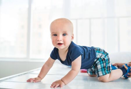 Beautiful little six-month-old child sitsの写真素材