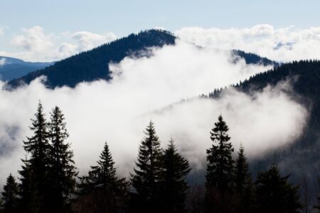 Thick white fog among mountain peaksの写真素材