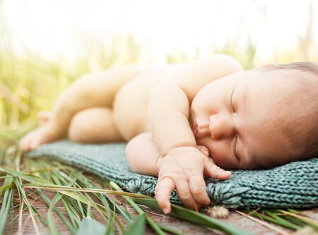 Baby sleeping on knitted blue blanket in grassの写真素材