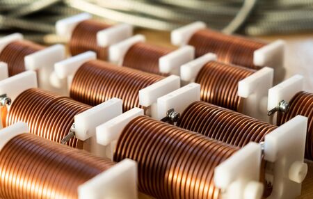 Close-up of high-frequency powerful copper wire on background of numerous blurry cables. Concept...