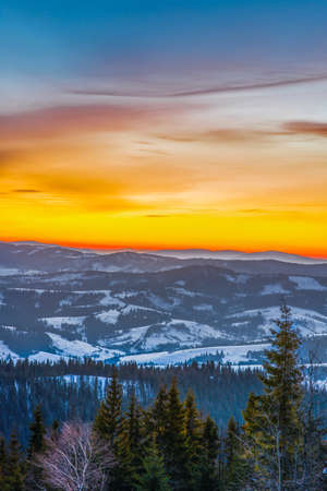Pacifying landscape in the mountain valley with spruce forest and snowdrifts against the backdrop of no sunset and blue sky with clouds. Concept of outdoor recreation. Advertising spaceの写真素材