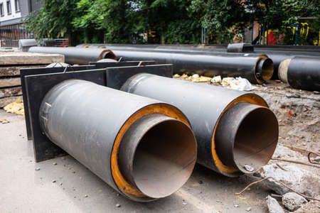 Insulated water pipes, underground sewerage infrastructure renovation.の写真素材