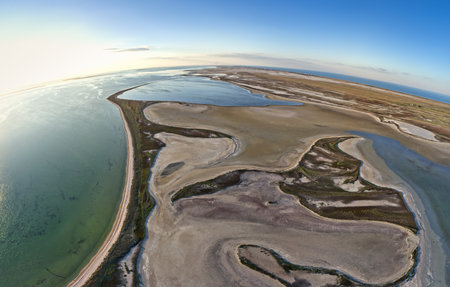 Unusual Islands on Lake Sivash, top view, drone camera