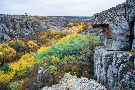 Aktovsky Canyon, Ukraine. Autumn trees and large stone boulders aroundの写真素材