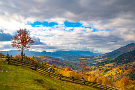 A small village under fantastic hills covered with autumn colorful forests in the light of a bright warm sun in good weatherの写真素材