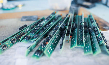 Close-up panel with numbered round buttons and inputs with plugs next to antennas at a secret military base. The concept of an automated military base. Secret military productionの写真素材