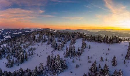 Aerial view of beautiful winter mountain slopesの写真素材