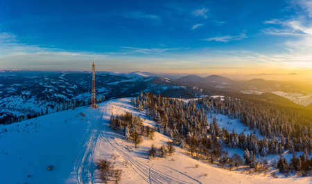 Magical winter panorama of beautiful snowy slopesの写真素材