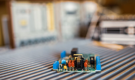 Close-up electric green embedded microcircuits in production