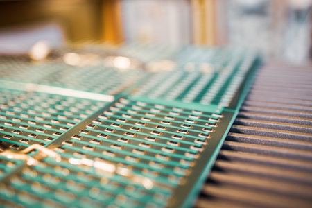 Microcircuits and components lie on metal platesの写真素材