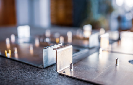 Metal boards and accessories lie on the surfaceの写真素材