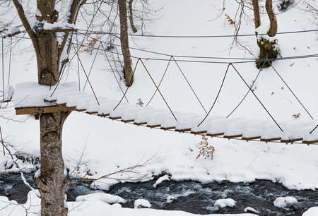 Rope park covered with snow is located in the trees in a desert forest in winterの写真素材