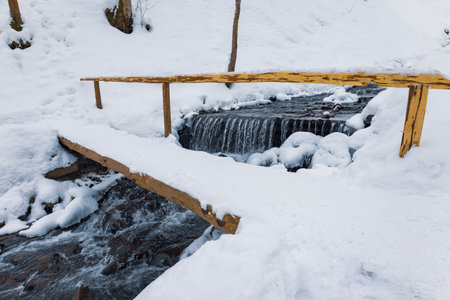 Wooden bridge over a mountain stream in a forest valley in the Carpathian mountainsの写真素材